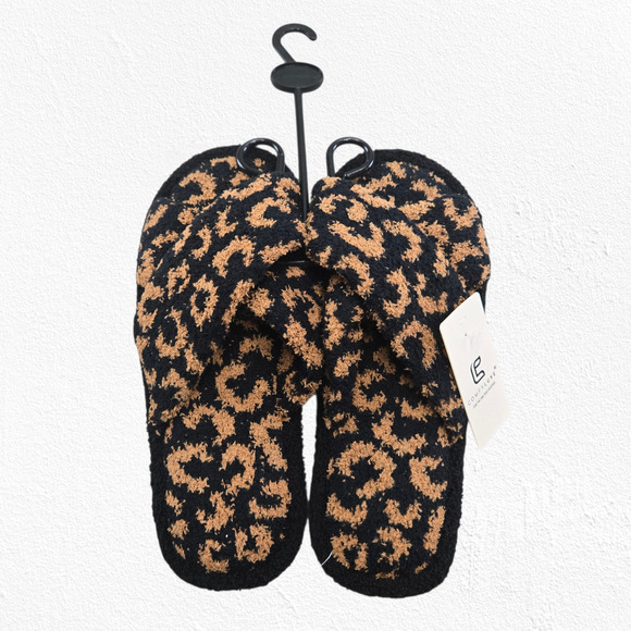 ComfyLuxe Black Leopard Print Cozy Fuzzy Slippers M/L (8–10) Plush Crossband NWT - Picture 3 of 9